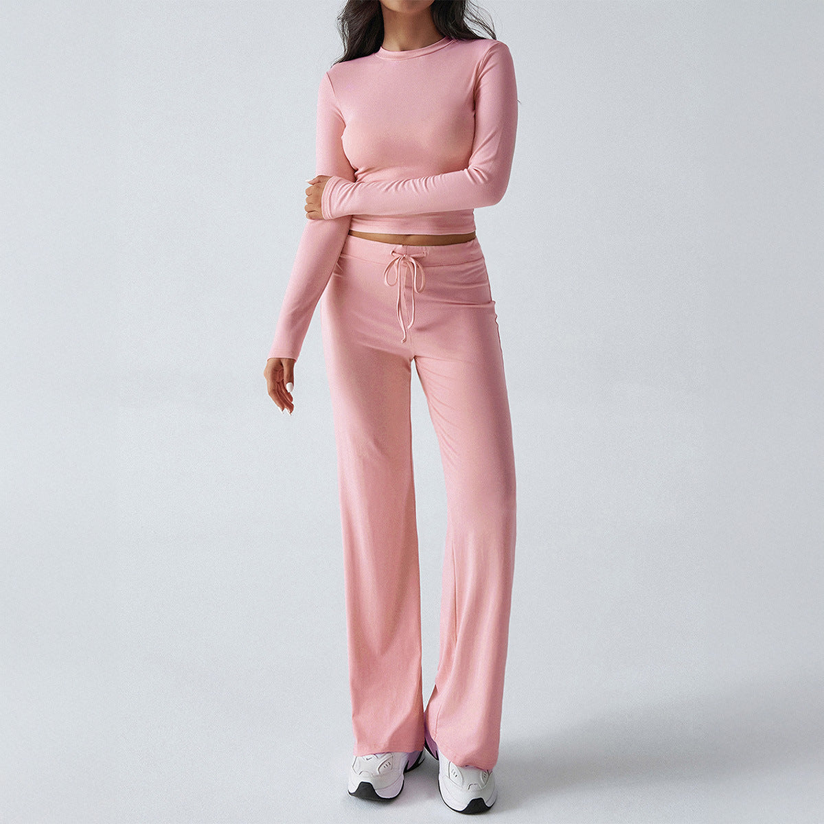 Zweiteiliges Yoga-Set für Damen – Langarmshirt & Hose in Uni-Farbe