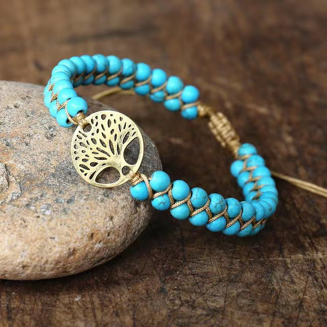 African Turquoise Woven Armband „Tree of Life“ – doppellagig, handgefertigt